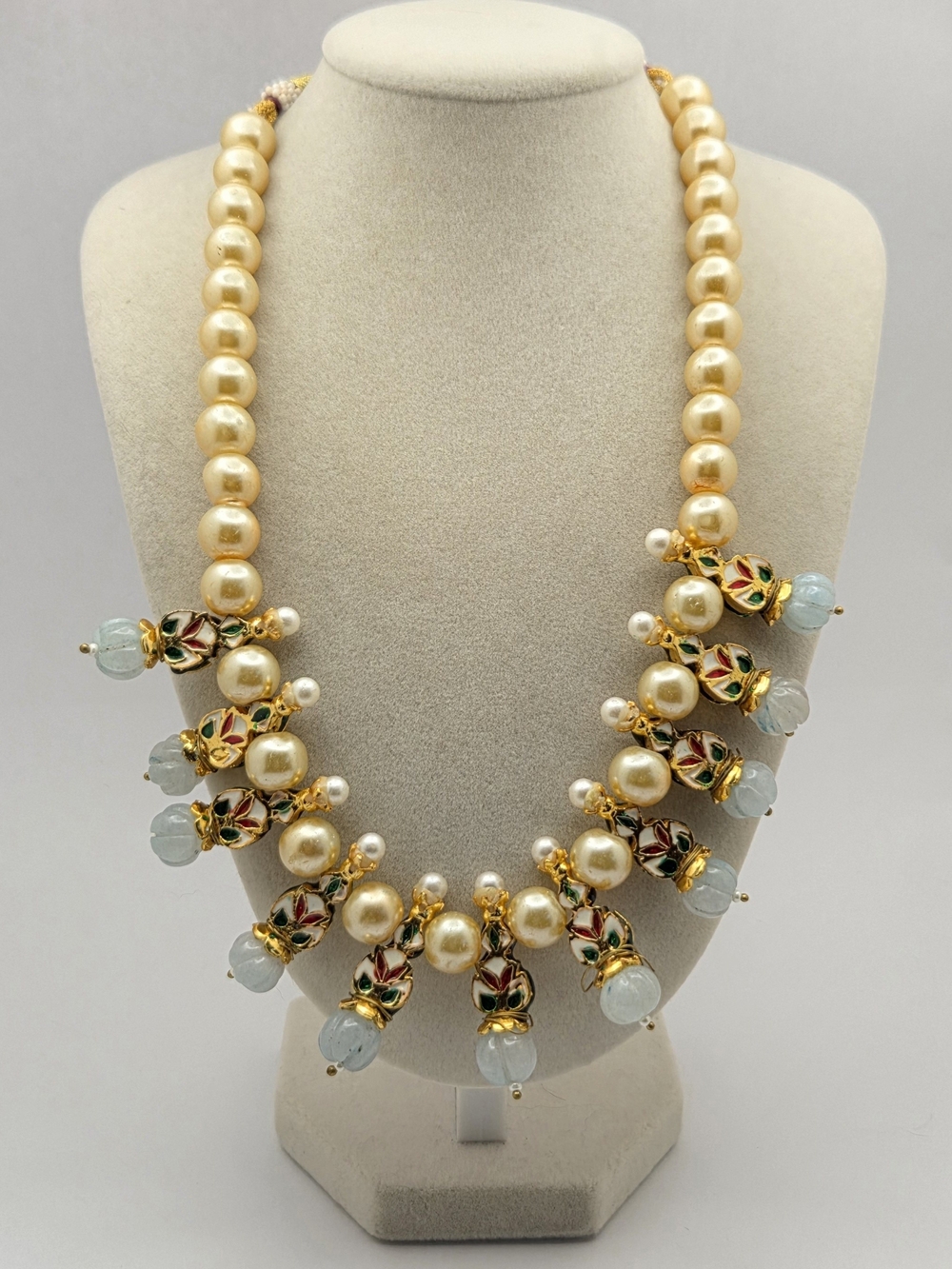 Detailed Enamel & Faux Pearl Dangle Statement Necklace - 34"